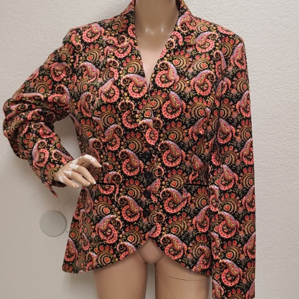 J. PETERMAN PAISLEY PRINT BLAZER JACKET COTTON VELVET SILK TRIM CURVED HEM L/XL